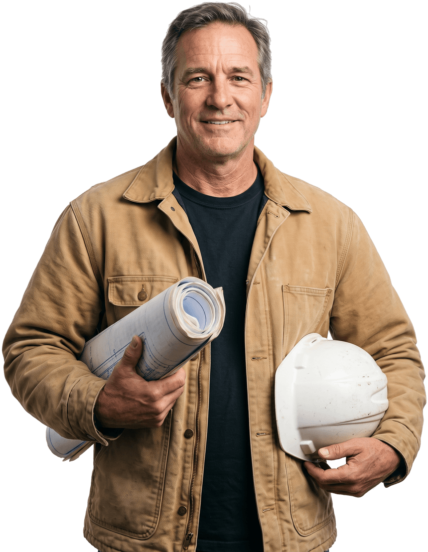 General contractor holding rolled construction plans and a white hard hat