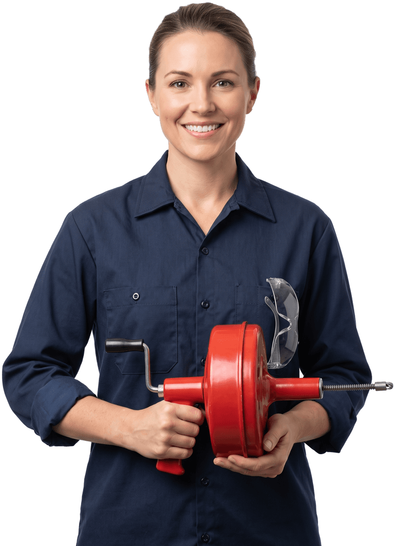 Drain cleaning technician holding a handheld drum drain auger