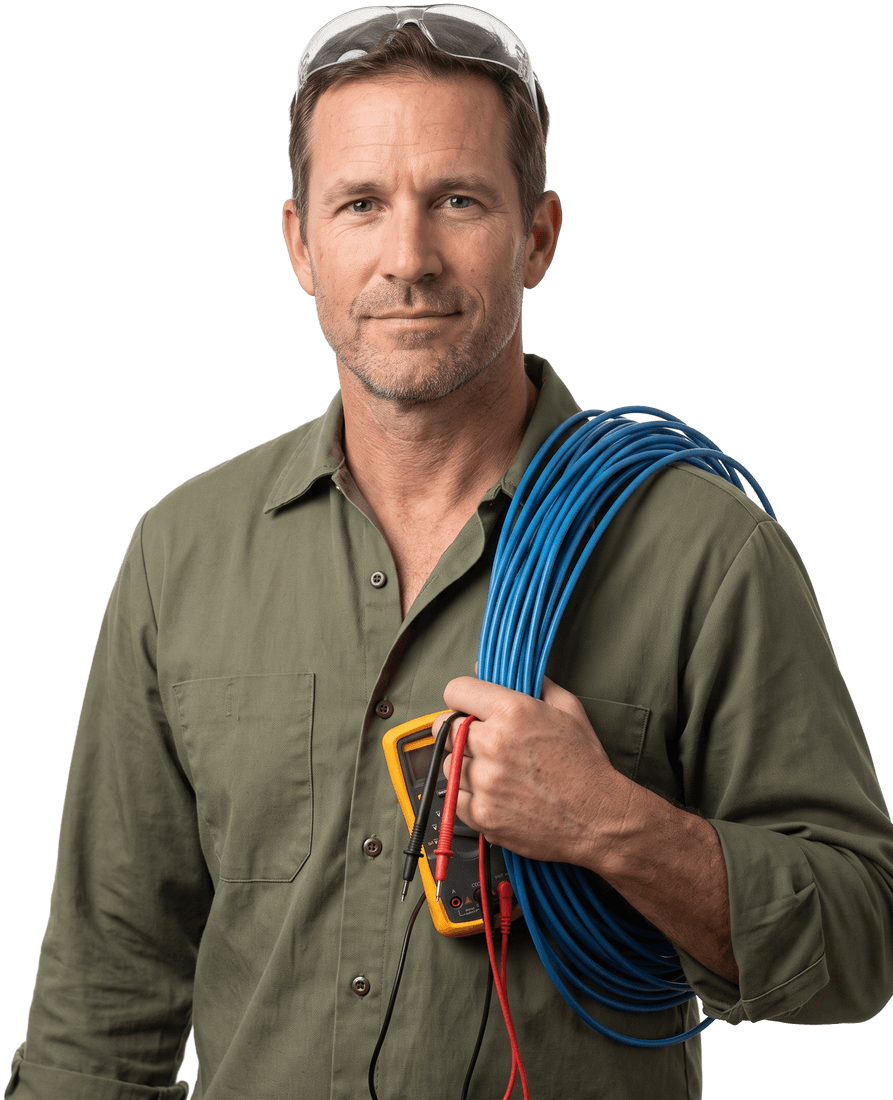 Electrician holding a multimeter with a coil of wire over his shoulder