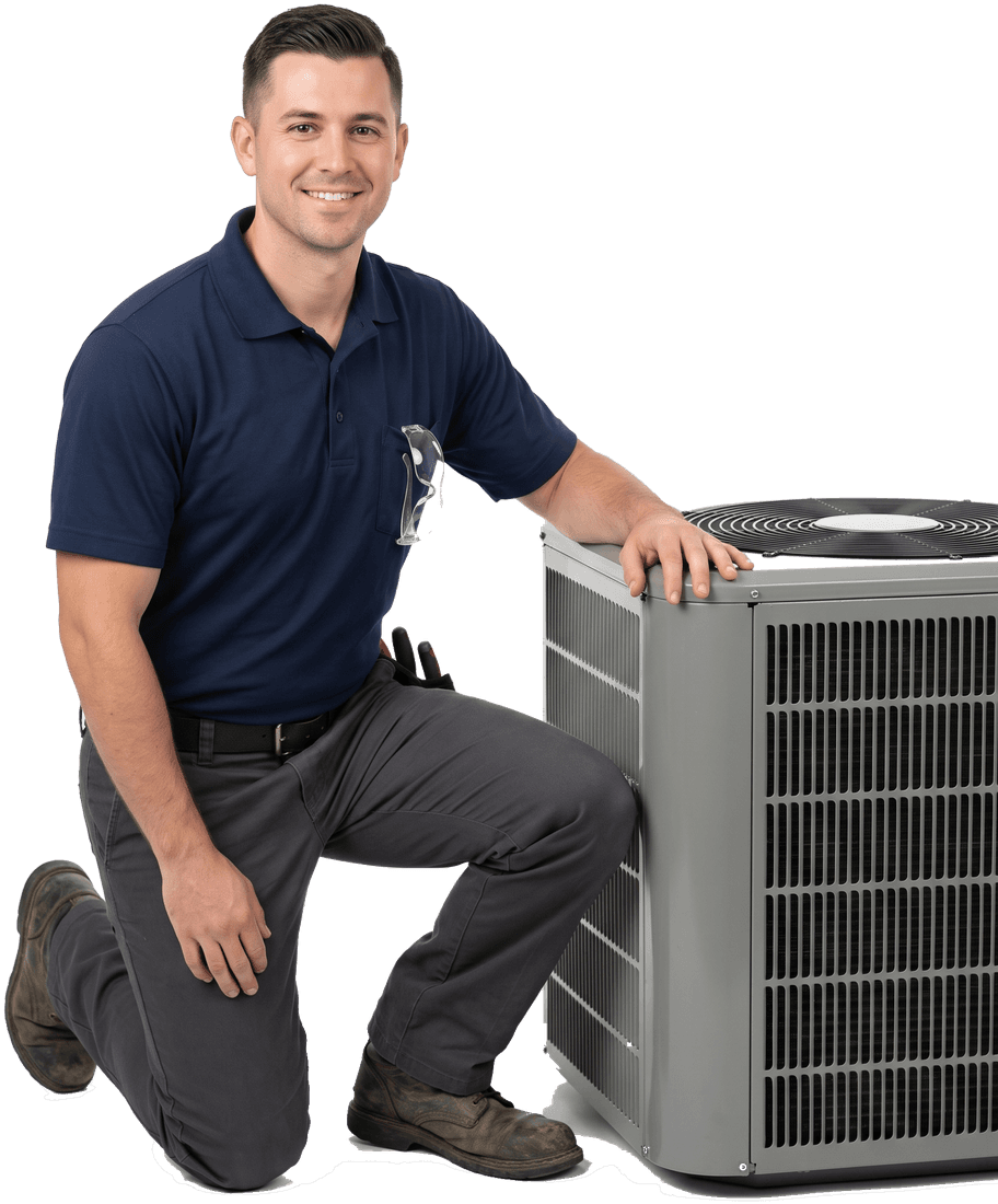 HVAC technician kneeling beside an outdoor air conditioning unit
