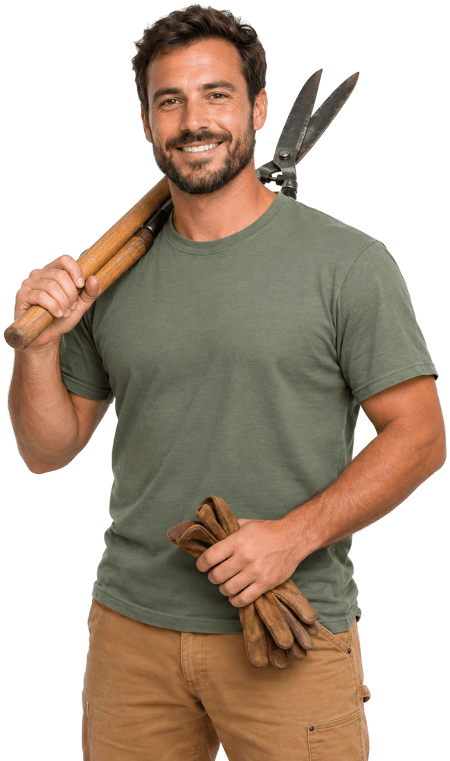 Landscaper with hedge shears on his shoulder and leather work gloves in his hand