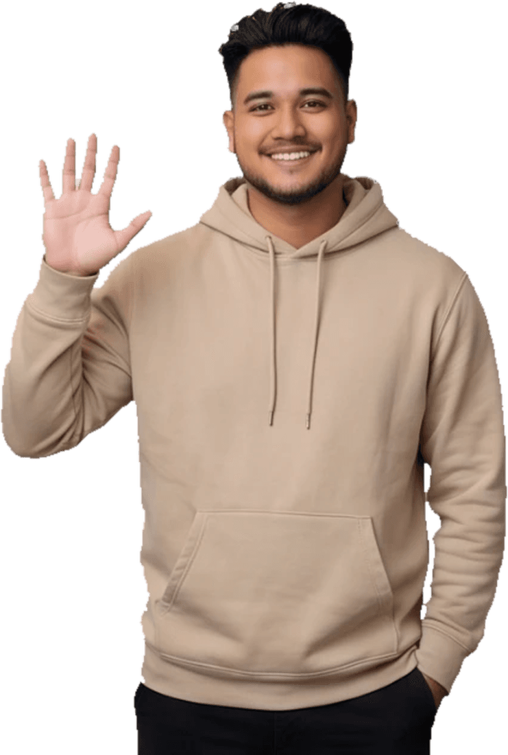 Man in a hoodie raising his hand to wave