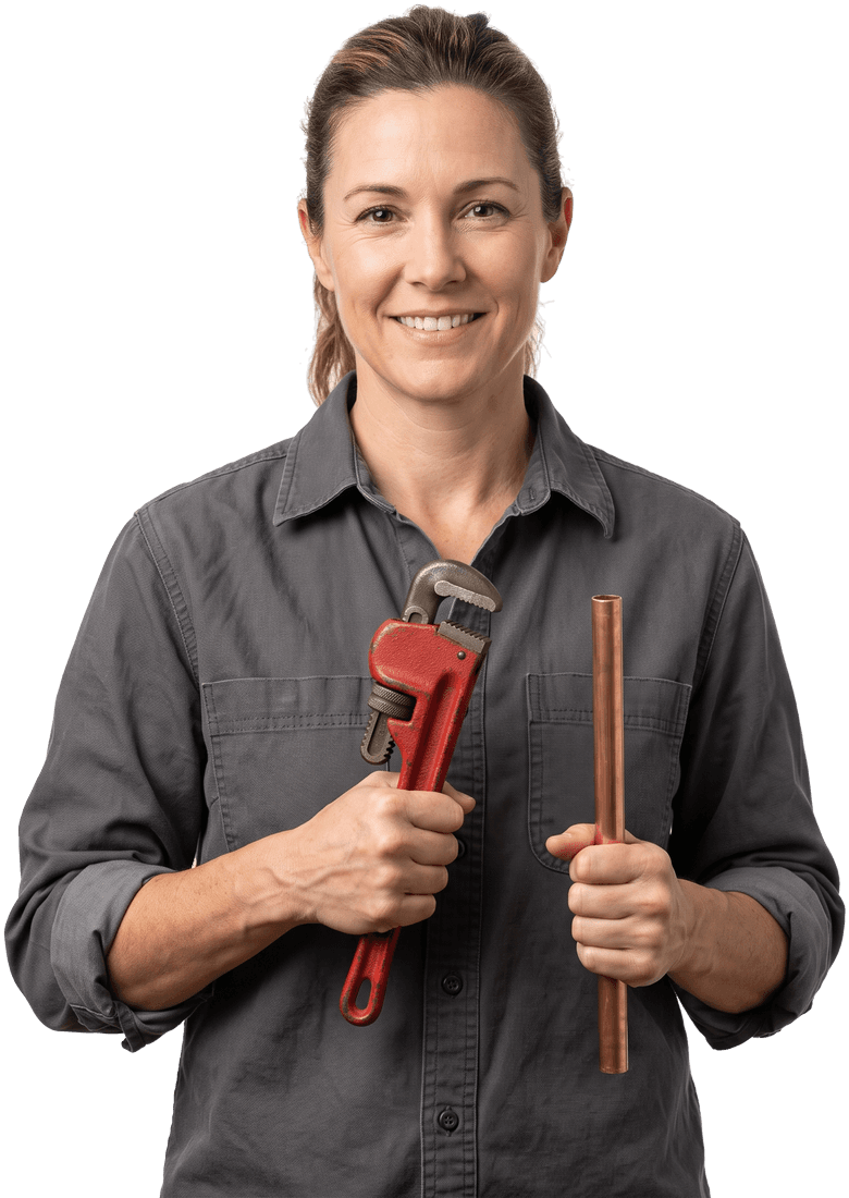 Plumber holding a pipe wrench and a length of copper pipe