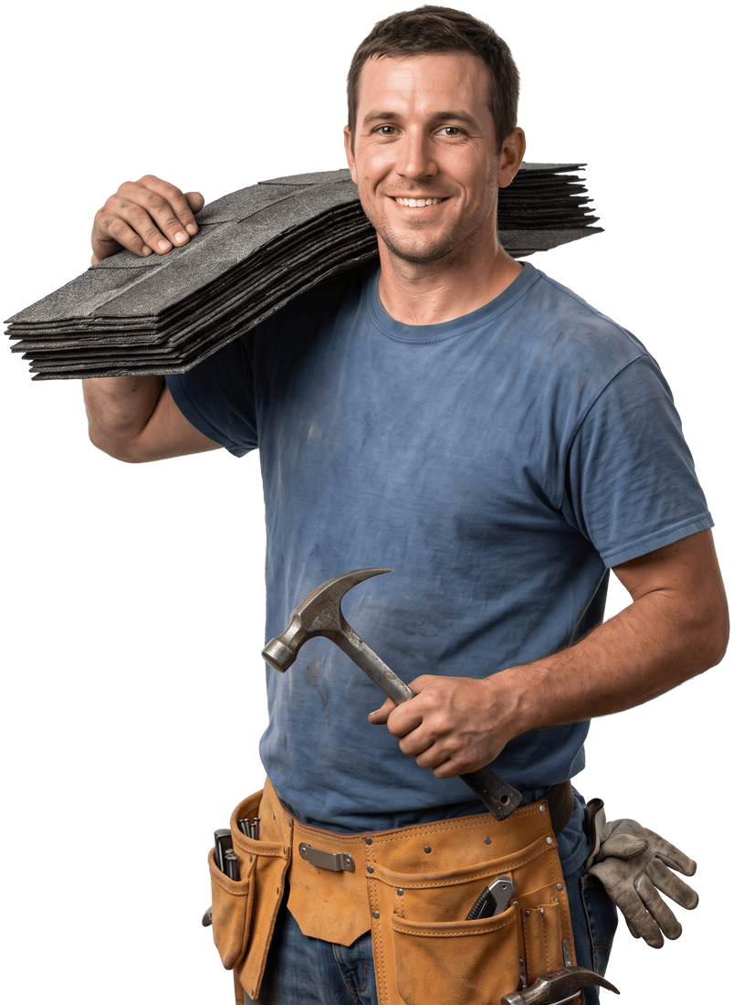 Roofer carrying a bundle of shingles on his shoulder and holding a roofing hammer