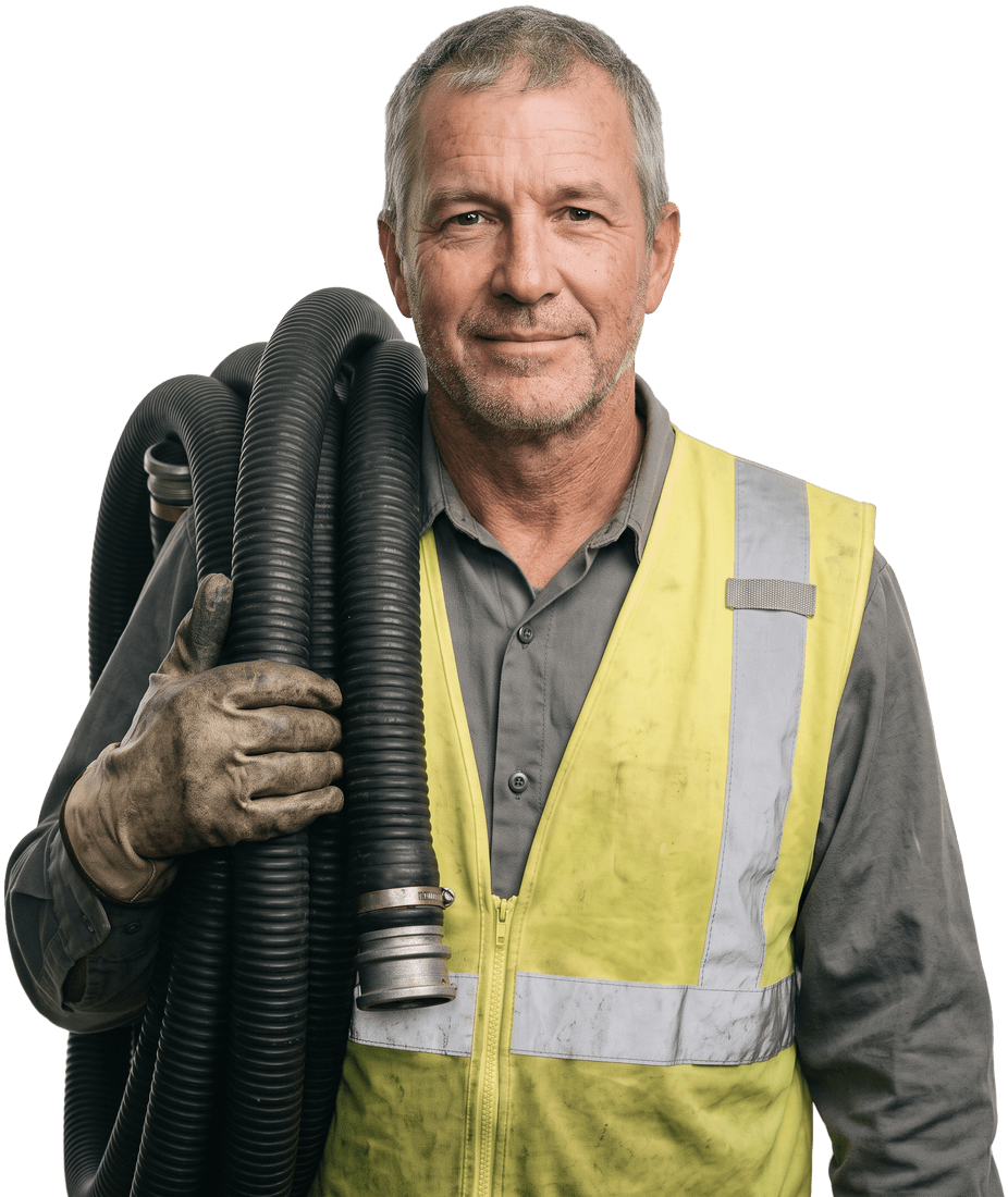 Septic service technician with a coil of suction hose over his shoulder